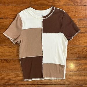 Hollister Colorblock Ribbed Baby Tee Brown Cream Women’s Small Y2K